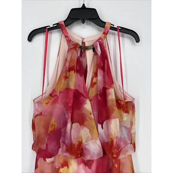 Xscape Women's Size 16 Pink Chiffon Floral Halter Sleeveless A-Line Midi Dress - Picture 6 of 15